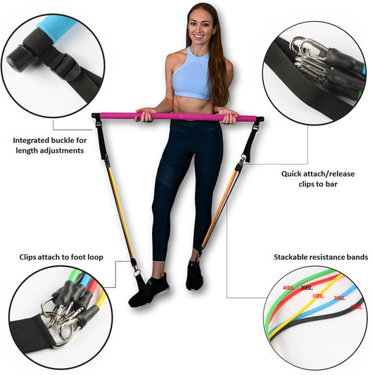 Fitness Yoga Pilates Bar – Portable Gym Accessory with Elastic Resistance Bands for Home Workouts
