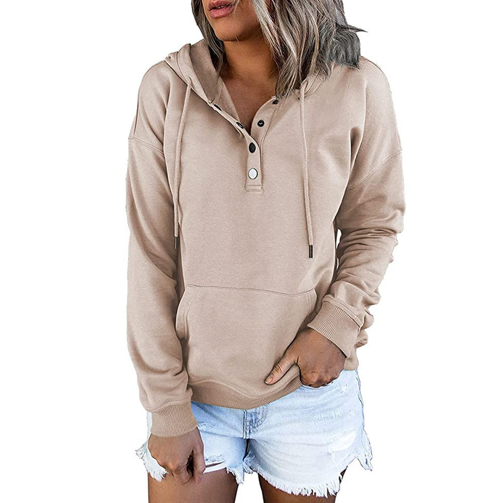 Women’s Long-Sleeved Hooded Sweatshirt – Casual Button Hoodie with Pockets & Drawstring