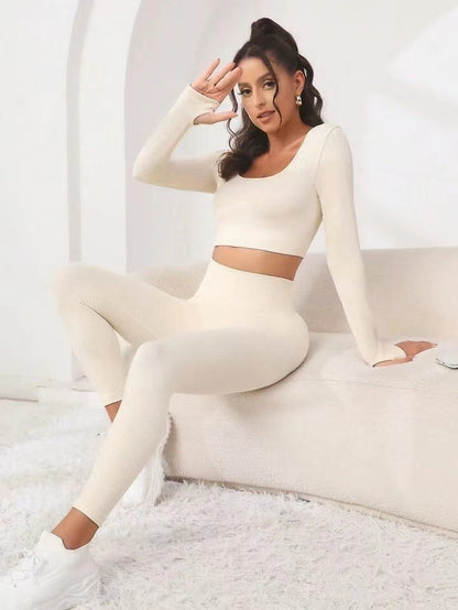 Women's Seamless Long Sleeve Yoga Set – Threaded Design with Hip-Lifting Trousers for Fitness & Workout