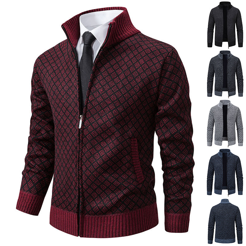 Thickened Plaid Print Slim Fit Zipper Jacket Cardigan – Men’s Winter Knitted Stand Collar Sweater