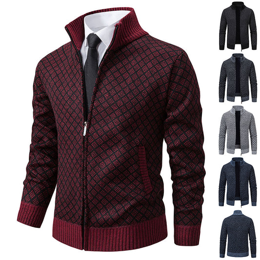 Thickened Plaid Print Slim Fit Zipper Jacket Cardigan – Men’s Winter Knitted Stand Collar Sweater
