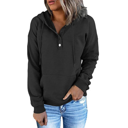 Women’s Long-Sleeved Hooded Sweatshirt – Casual Button Hoodie with Pockets & Drawstring