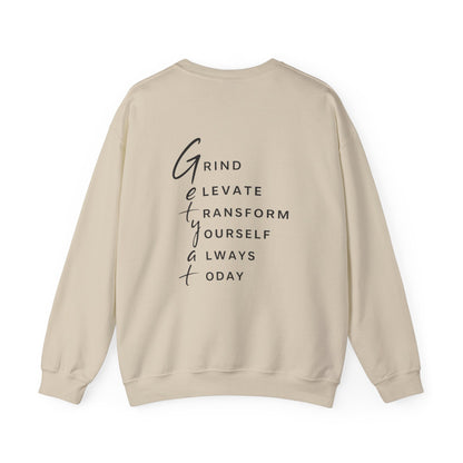 Motivational Crewneck Sweatshirt – GETYAT Acronym Back Print (Grind Elevate Transform Yourself Always Today)