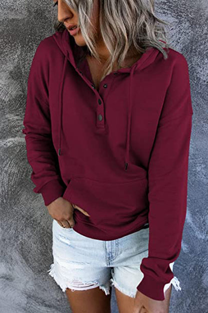 Women’s Long-Sleeved Hooded Sweatshirt – Casual Button Hoodie with Pockets & Drawstring