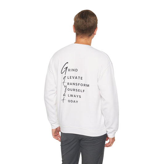 Motivational Crewneck Sweatshirt – GETYAT Acronym Back Print (Grind Elevate Transform Yourself Always Today)
