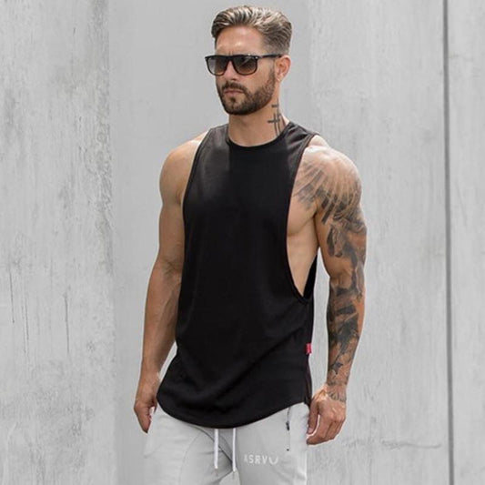 Men's Long Tank Muscle Workout T-Shirt – Bodybuilding Gym Athletic Training Sports Top