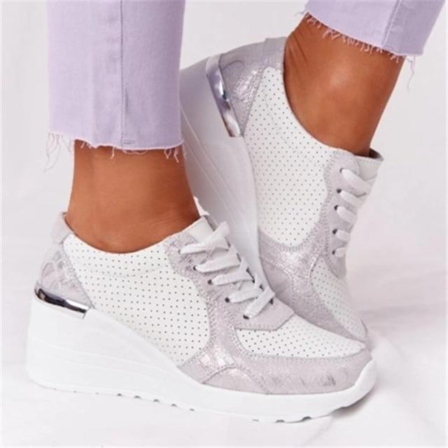 Women’s Platform Wedge Sneakers – Lace-Up Mesh Casual Shoes with Hidden Heel Lift