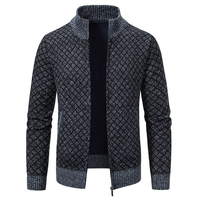 Thickened Plaid Print Slim Fit Zipper Jacket Cardigan – Men’s Winter Knitted Stand Collar Sweater