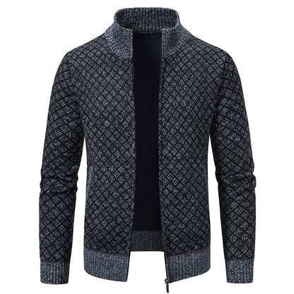 Thickened Plaid Print Slim Fit Zipper Jacket Cardigan – Men’s Winter Knitted Stand Collar Sweater