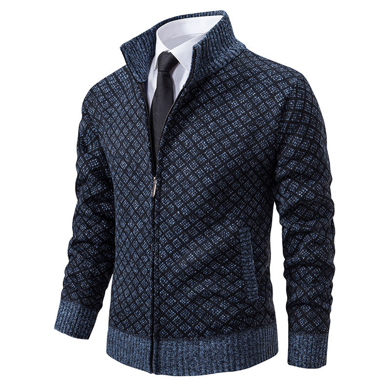 Thickened Plaid Print Slim Fit Zipper Jacket Cardigan – Men’s Winter Knitted Stand Collar Sweater