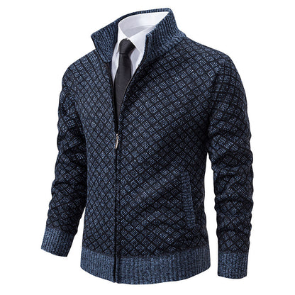 Thickened Plaid Print Slim Fit Zipper Jacket Cardigan – Men’s Winter Knitted Stand Collar Sweater