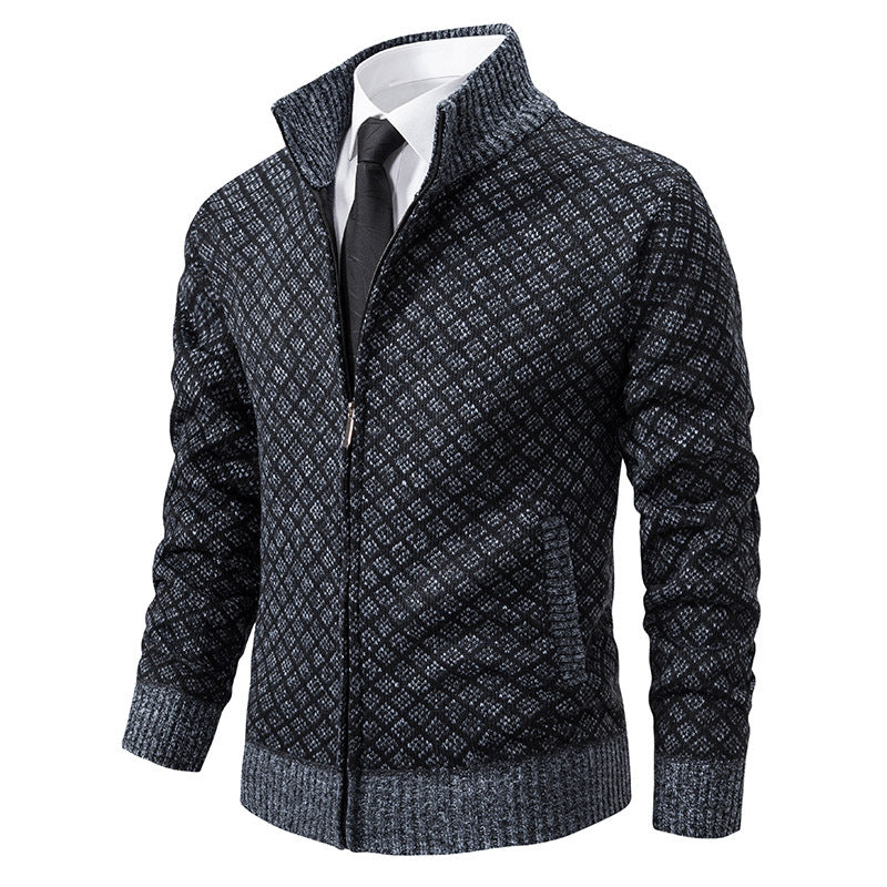 Thickened Plaid Print Slim Fit Zipper Jacket Cardigan – Men’s Winter Knitted Stand Collar Sweater