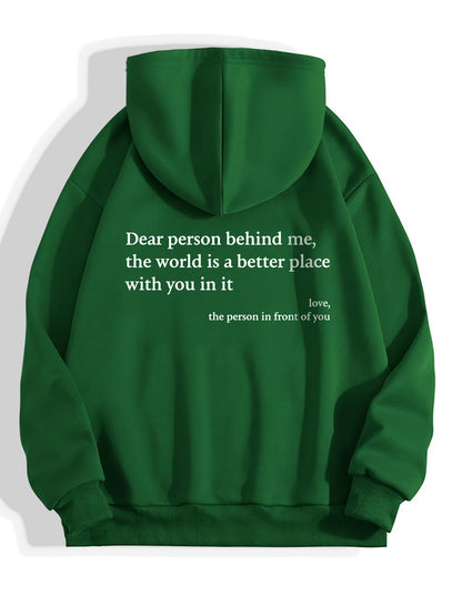"Dear Person Behind Me" Women's Plush Hoodie – Letter Print Kangaroo Pocket Unisex Pullover