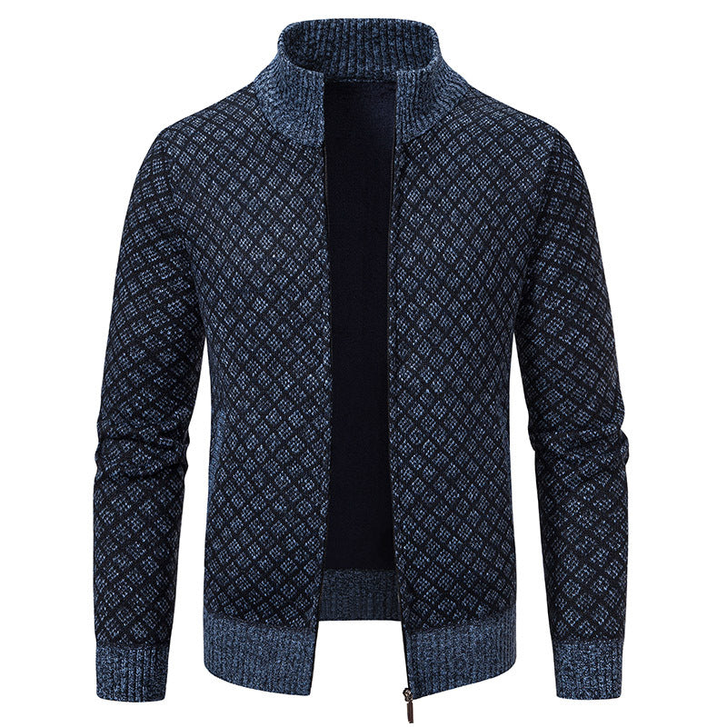 Thickened Plaid Print Slim Fit Zipper Jacket Cardigan – Men’s Winter Knitted Stand Collar Sweater