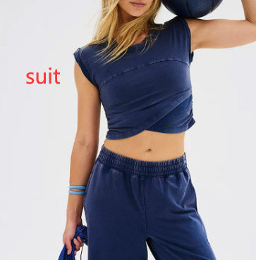 Women’s Two-Piece Casual Outfit – Solid Color Sleeveless Crop Top & Sweatpants Set