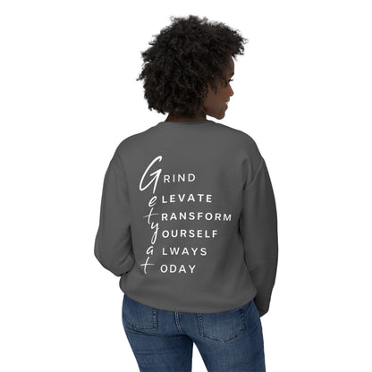 Motivational Crewneck Sweatshirt – “GRIND: Elevate, Transform Yourself Always Today” | Unisex Comfort Fit