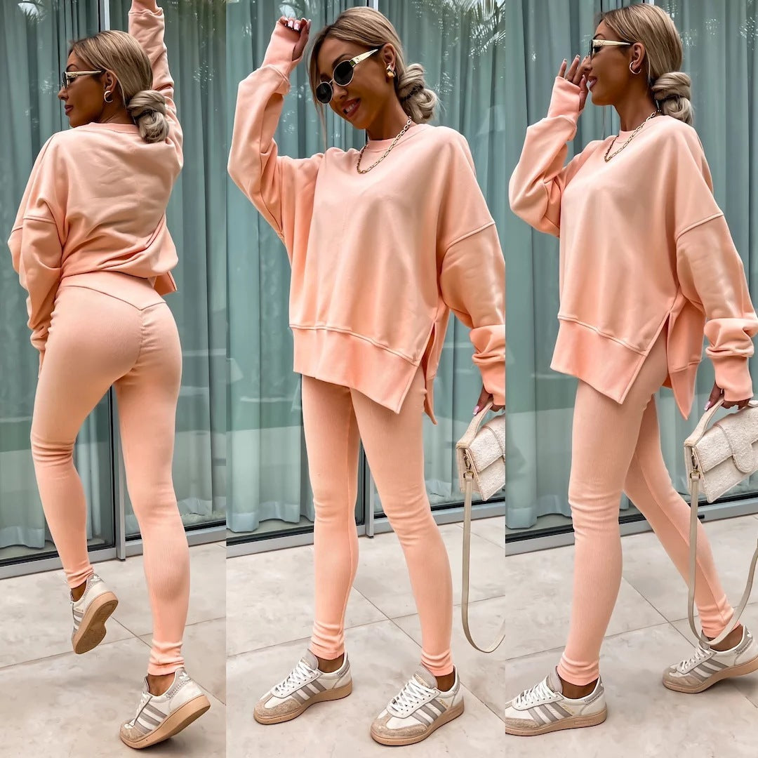 Women's Casual Sweater Set – Loose Split Long Sleeve Top & Tight Trousers 2-Piece Outfit