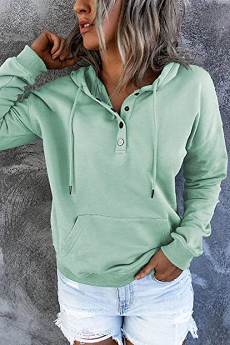 Women’s Long-Sleeved Hooded Sweatshirt – Casual Button Hoodie with Pockets & Drawstring