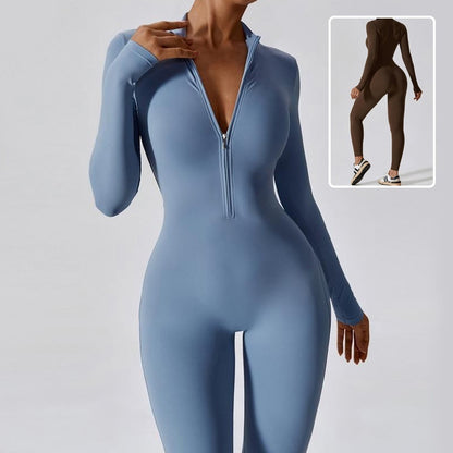 Women’s Seamless Long Sleeve Zipper Jumpsuit – Tight Fit Yoga & Fitness Training One-Piece with Hip-Lifting Design