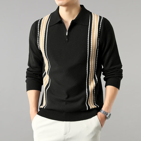 Men's Turn-down Collar Half-zip Long Sleeve Polo Stripe Color Block Sweater