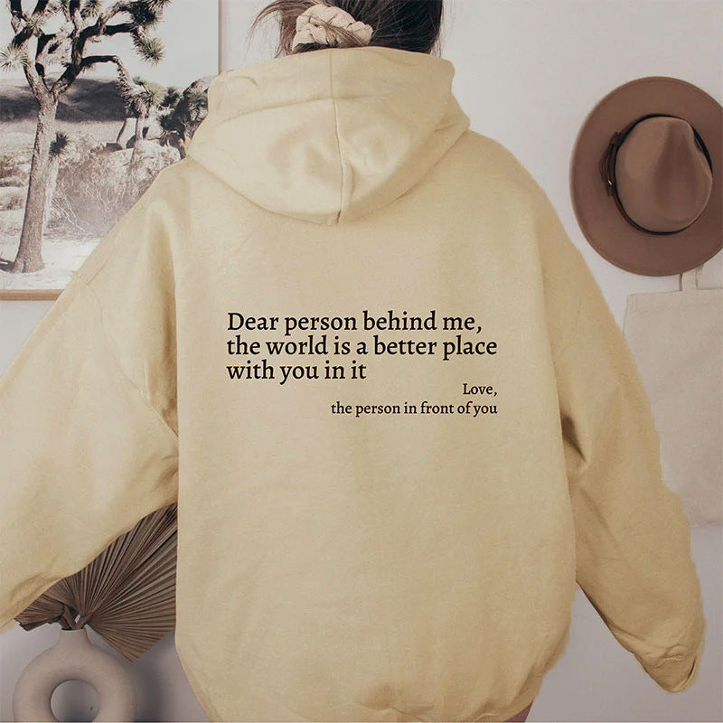 "Dear Person Behind Me" Women's Plush Hoodie – Letter Print Kangaroo Pocket Unisex Pullover