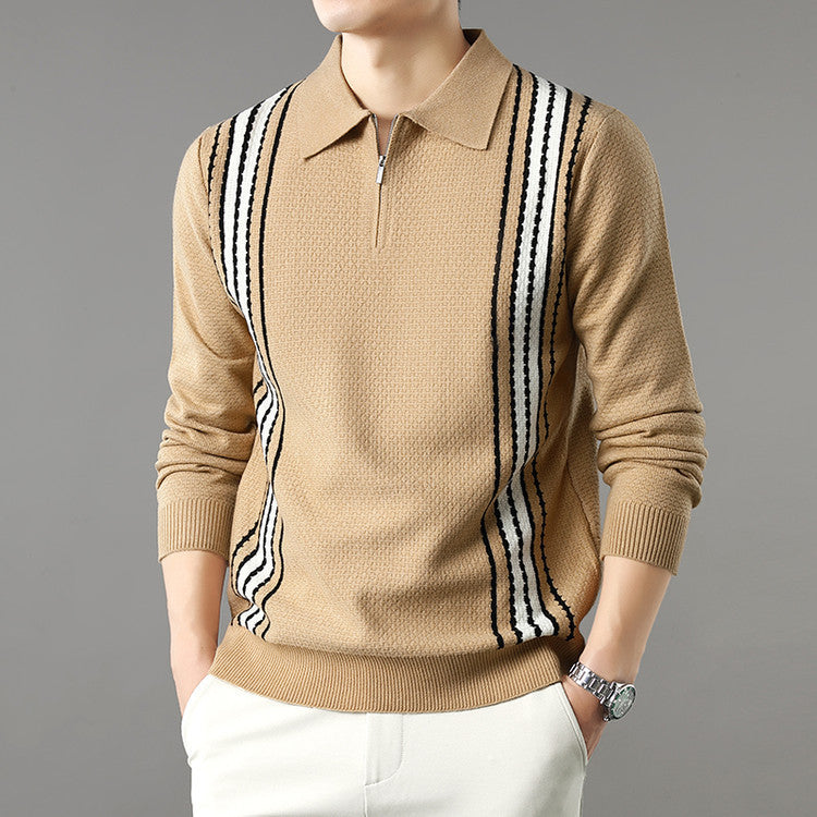 Men's Turn-down Collar Half-zip Long Sleeve Polo Stripe Color Block Sweater