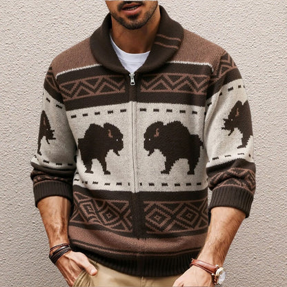Men's European And American Retro Jacquard Knit Sweater Autumn And Winter Thickened Cardigan