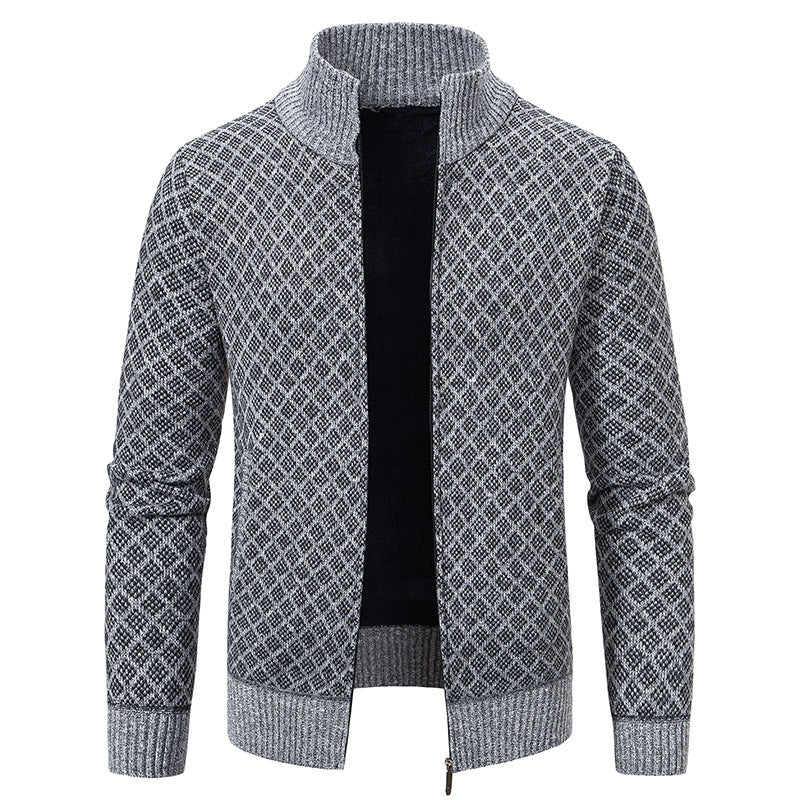 Thickened Plaid Print Slim Fit Zipper Jacket Cardigan – Men’s Winter Knitted Stand Collar Sweater