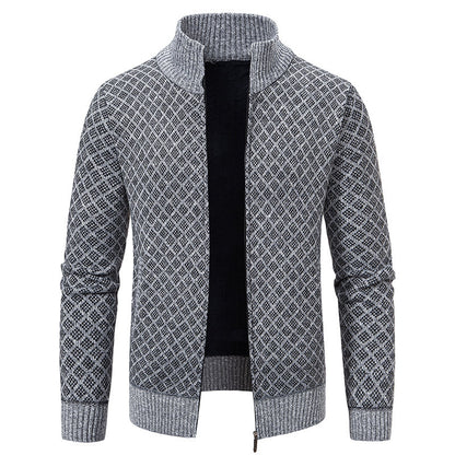 Thickened Plaid Print Slim Fit Zipper Jacket Cardigan – Men’s Winter Knitted Stand Collar Sweater