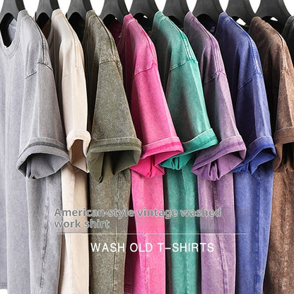 230g American Style Loose Distressed Retro Washed Men's Solid Color Short Sleeve