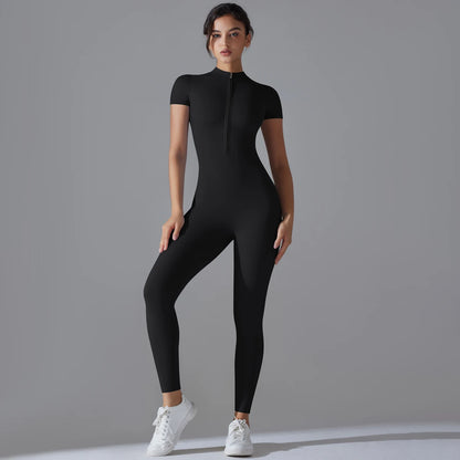 Yoga Set Women’s Jumpsuits – One-Piece Zipper Short Sleeve Bodysuit, Push-Up Workout Clothes, Fitness Tracksuit for Gym, Sportswear & Activewear