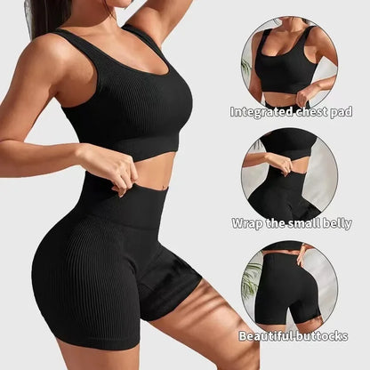 Ribbed Yoga Sport Set for Women – Seamless Crop Top Bra & Shorts Fitness Outfit