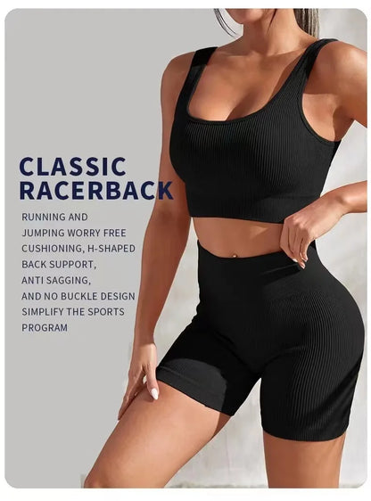 Ribbed Yoga Sport Set for Women – Seamless Crop Top Bra & Shorts Fitness Outfit