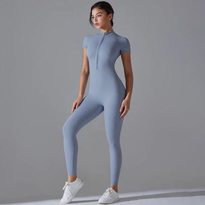 Yoga Set Women’s Jumpsuits – One-Piece Zipper Short Sleeve Bodysuit, Push-Up Workout Clothes, Fitness Tracksuit for Gym, Sportswear & Activewear
