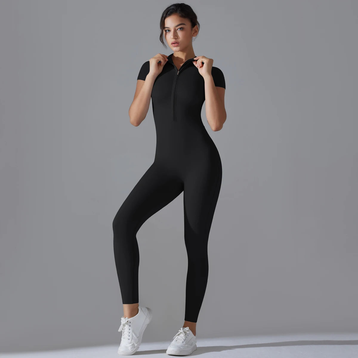 Yoga Set Women’s Jumpsuits – One-Piece Zipper Short Sleeve Bodysuit, Push-Up Workout Clothes, Fitness Tracksuit for Gym, Sportswear & Activewear