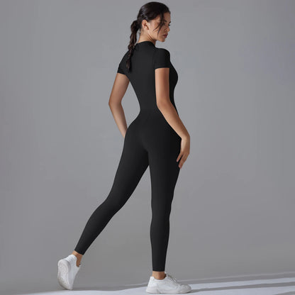 Yoga Set Women’s Jumpsuits – One-Piece Zipper Short Sleeve Bodysuit, Push-Up Workout Clothes, Fitness Tracksuit for Gym, Sportswear & Activewear