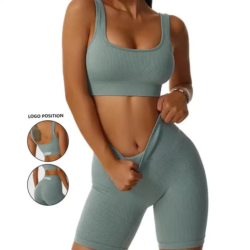 Ribbed Yoga Sport Set for Women – Seamless Crop Top Bra & Shorts Fitness Outfit