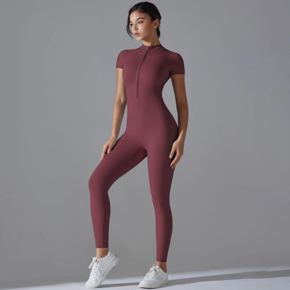 Yoga Set Women’s Jumpsuits – One-Piece Zipper Short Sleeve Bodysuit, Push-Up Workout Clothes, Fitness Tracksuit for Gym, Sportswear & Activewear