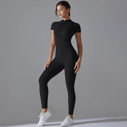 Yoga Set Women’s Jumpsuits – One-Piece Zipper Short Sleeve Bodysuit, Push-Up Workout Clothes, Fitness Tracksuit for Gym, Sportswear & Activewear
