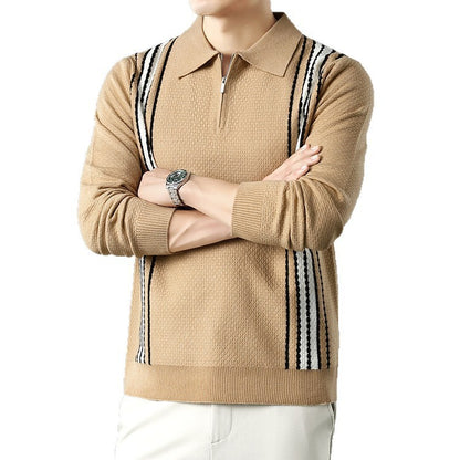 Men's Turn-down Collar Half-zip Long Sleeve Polo Stripe Color Block Sweater