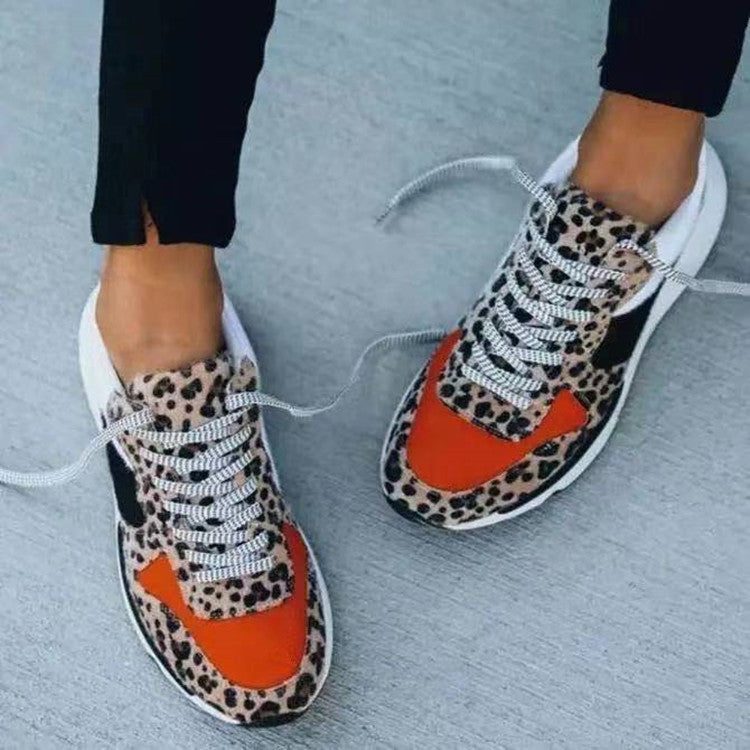Leopard Print Color Matching Lace-Up Casual Horse Hair Sneakers – Stylish & Comfortable Footwear