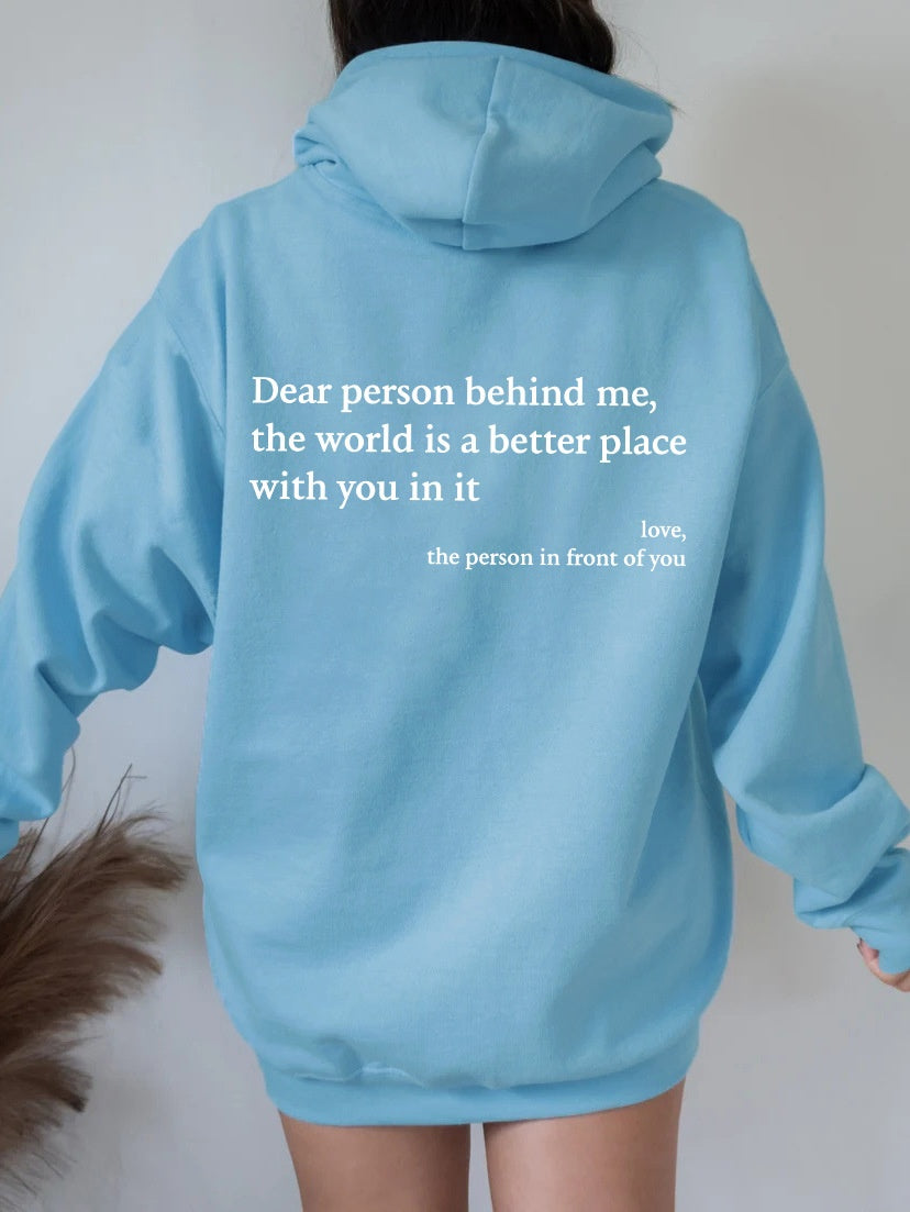 "Dear Person Behind Me" Women's Plush Hoodie – Letter Print Kangaroo Pocket Unisex Pullover