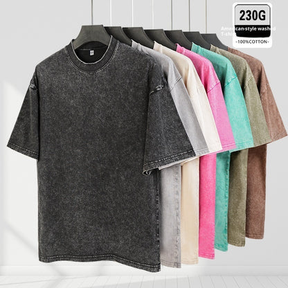230g American Style Loose Distressed Retro Washed Men's Solid Color Short Sleeve
