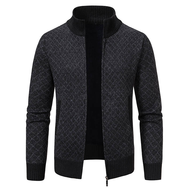 Thickened Plaid Print Slim Fit Zipper Jacket Cardigan – Men’s Winter Knitted Stand Collar Sweater