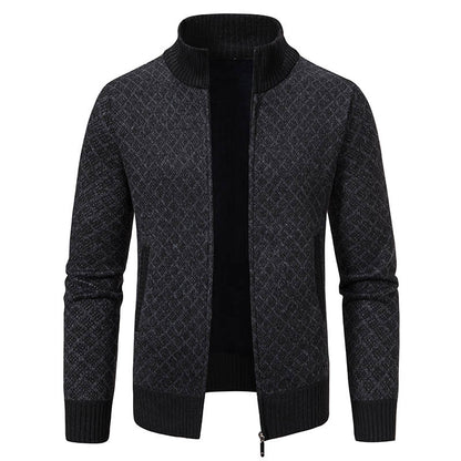 Thickened Plaid Print Slim Fit Zipper Jacket Cardigan – Men’s Winter Knitted Stand Collar Sweater