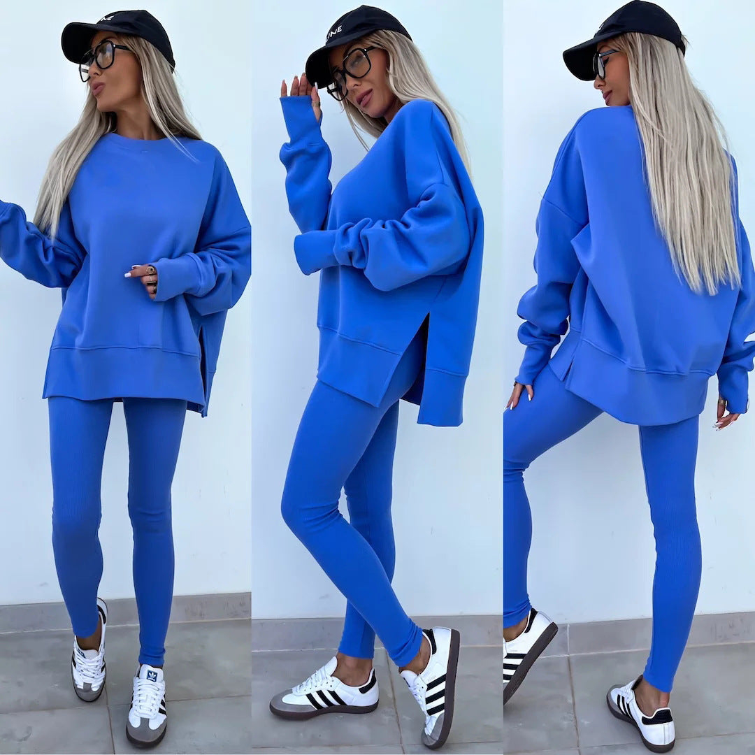 Women's Casual Sweater Set – Loose Split Long Sleeve Top & Tight Trousers 2-Piece Outfit