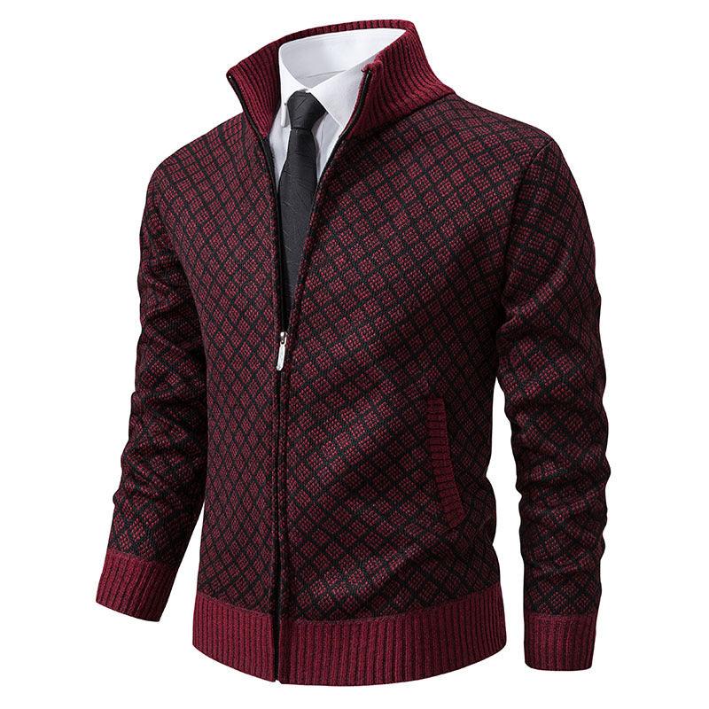 Thickened Plaid Print Slim Fit Zipper Jacket Cardigan – Men’s Winter Knitted Stand Collar Sweater