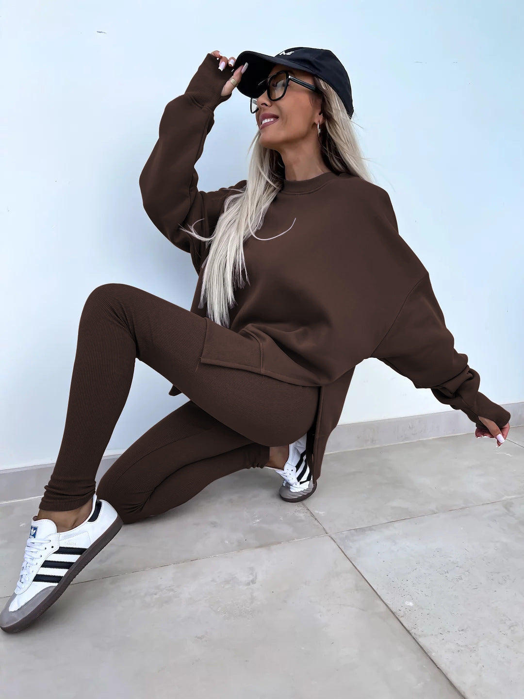 Women's Casual Sweater Set – Loose Split Long Sleeve Top & Tight Trousers 2-Piece Outfit