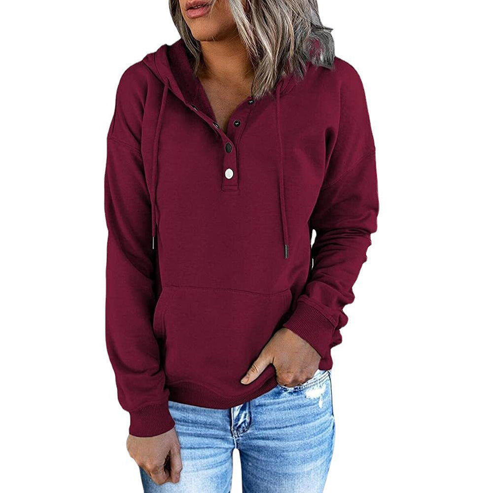 Women’s Long-Sleeved Hooded Sweatshirt – Casual Button Hoodie with Pockets & Drawstring